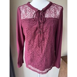 Dark Fairy Textured Burgundy Lace Design Crew Neck Long Sleeve Top Size XL